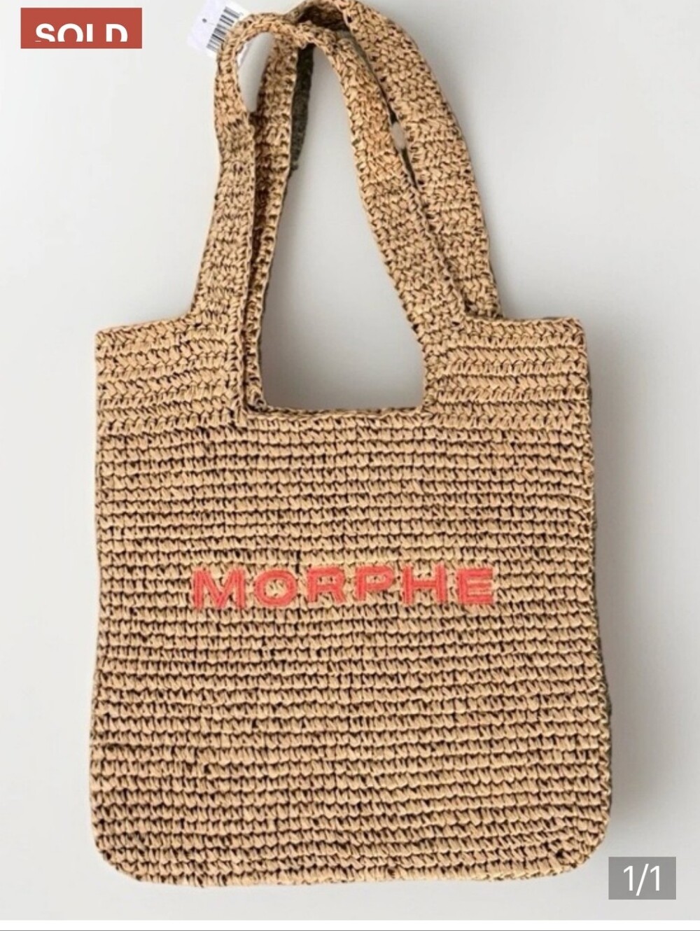 Morphe Beige Straw Tote with Coral Logo